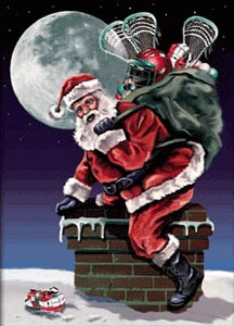 Santa On Chimney With Lacrosse Sticks