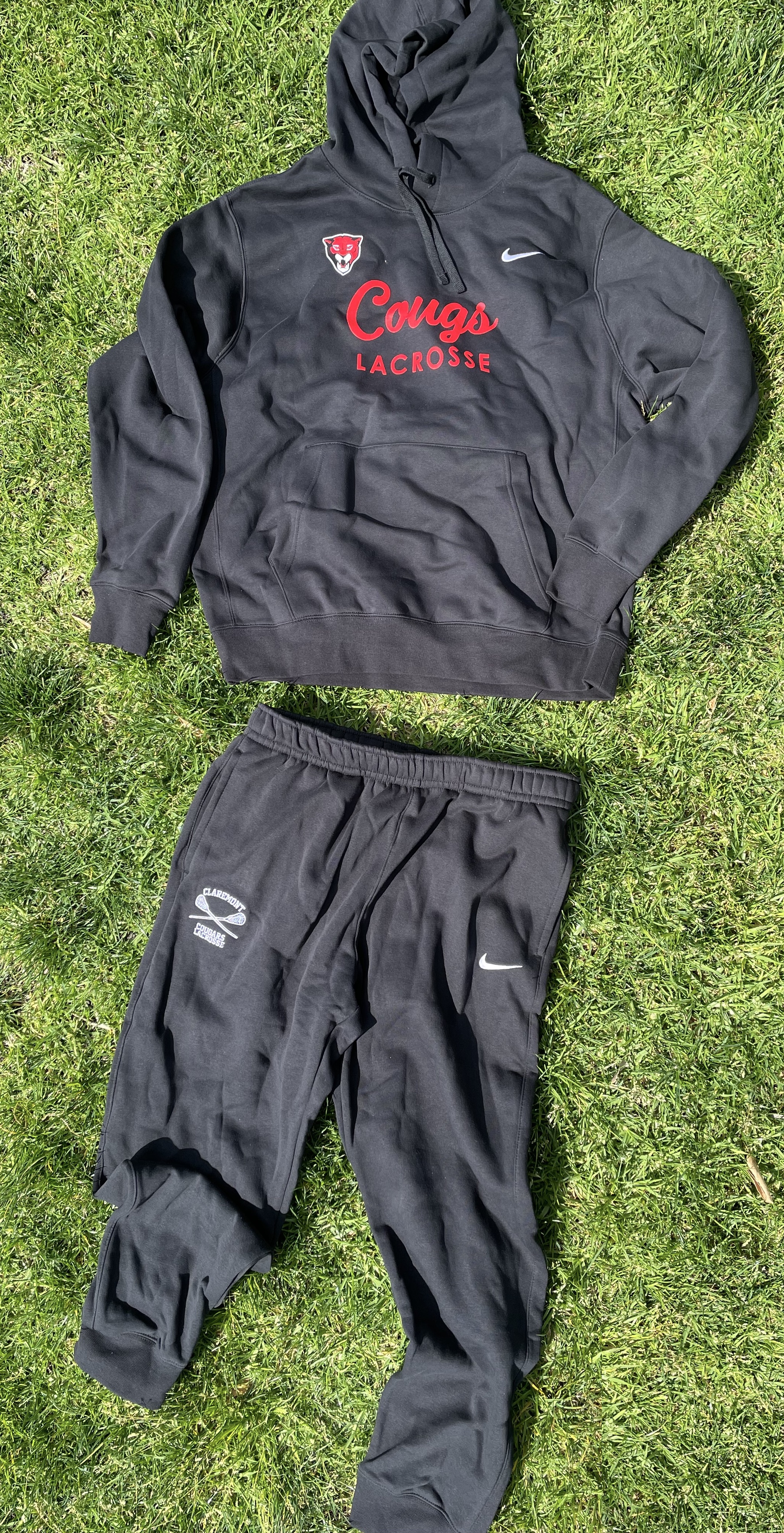 black sweatshirt & sweatpants with "Cougs Lacrosse"